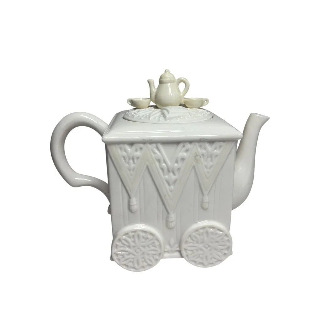 Vtg Lenox Butler's Pantry Tea Cart Teapot Porcelain Cream Miniature‎ Tea Set Lid